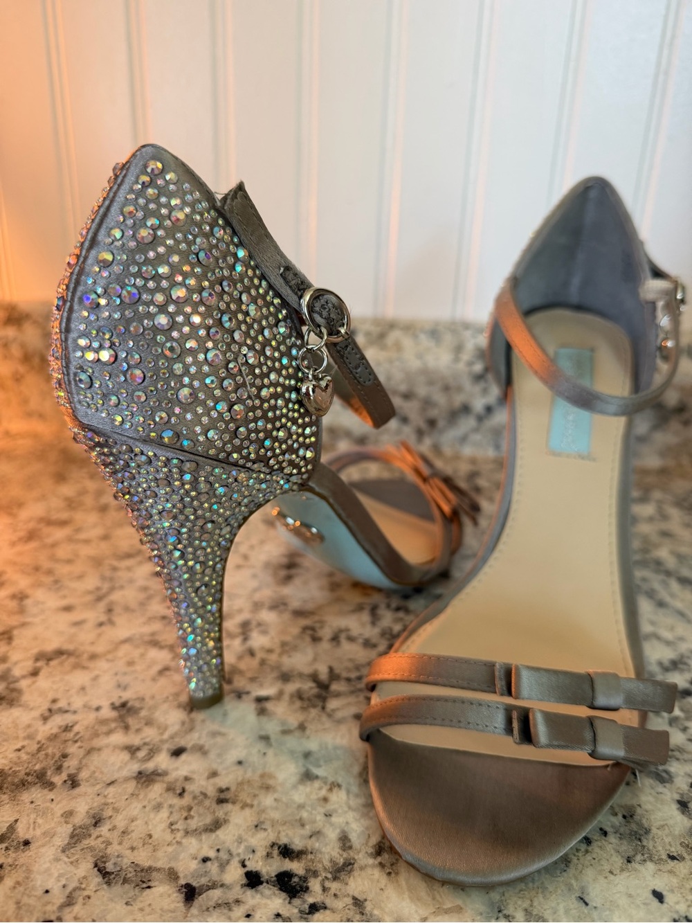 Betsey Johnson Grey Sparkle Wedding Crystal Ankle-Strap Stiletto Heels Bows